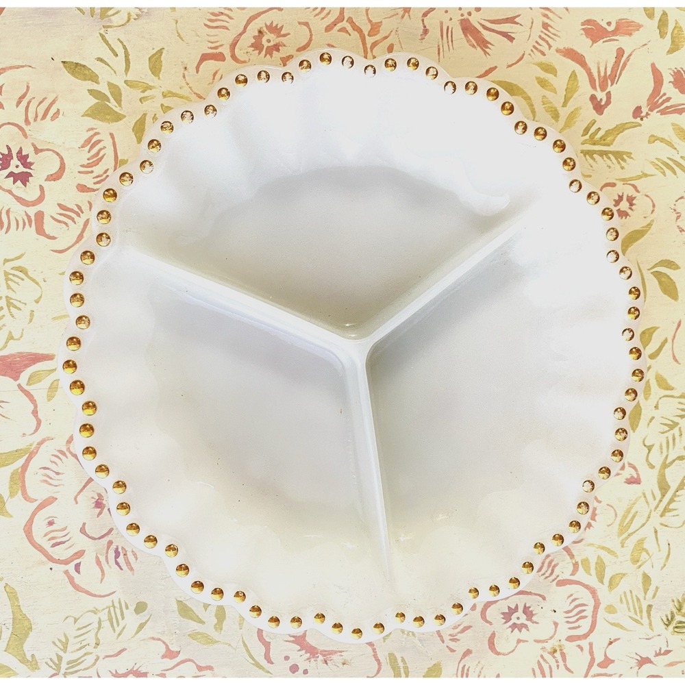 Vintage Anchor Hocking Milk Glass Divided Serving Tray Dish Gold Hobnail Dot MCM